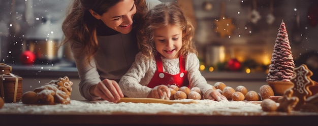 La familia está horneando con los niños pan de jengibre en la cocina panorama navideño generativo Ai