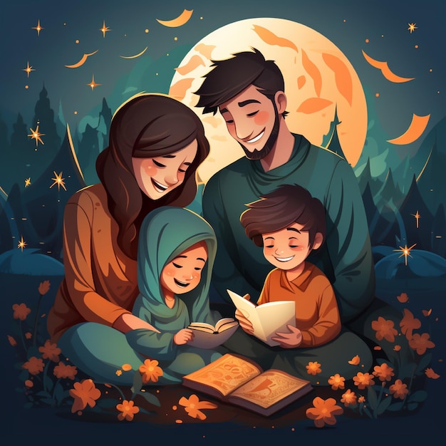una familia está leyendo un libro en el bosque