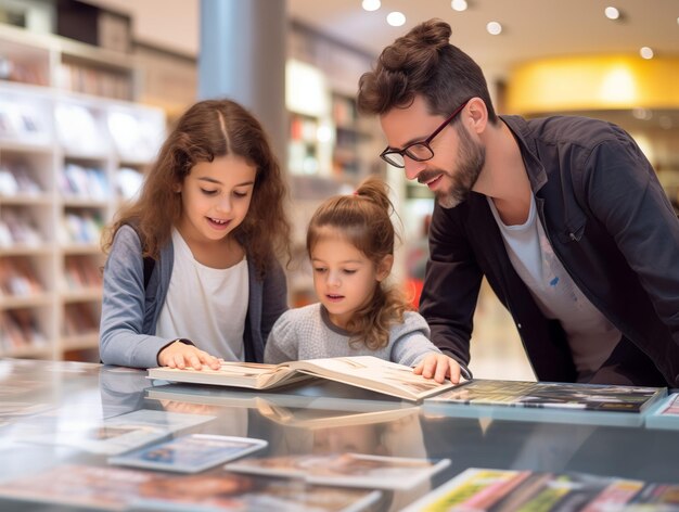 Una familia está mirando libros en una biblioteca