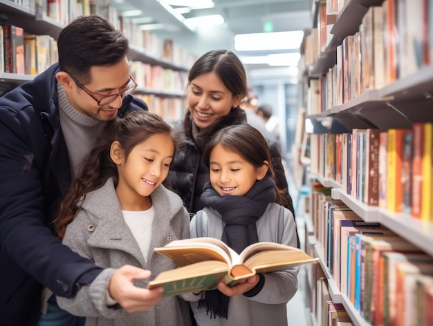 Una familia está mirando libros en una biblioteca