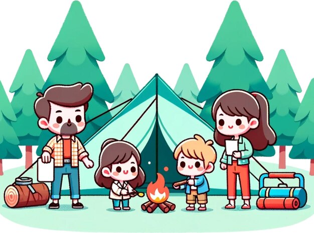 una familia está de pie frente a un fuego de campamento