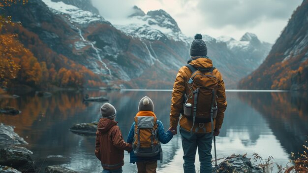 La familia está de pie en la orilla de un lago sereno mirando las montañas en medio del follaje de otoño