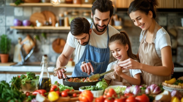 Una familia está preparando comida juntos en una cocina AIG41