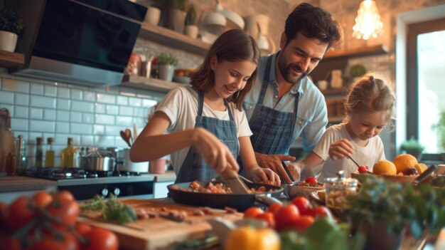 Una familia está preparando comida juntos en una cocina AIG41