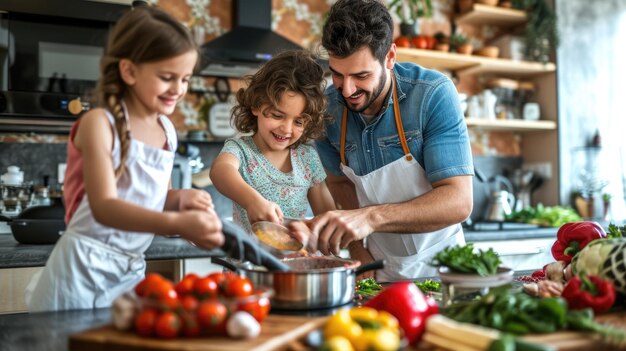 Una familia está preparando comida juntos en una cocina AIG41