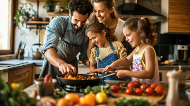 Una familia está preparando comida juntos en una cocina
