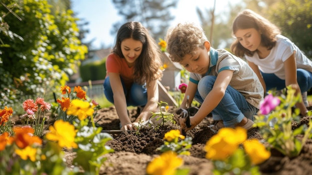 Una familia está recogiendo flores en un jardín AIG41