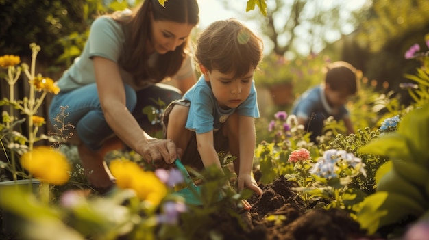 Una familia está recogiendo flores en un jardín