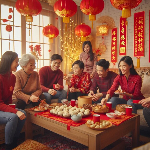 una familia está reunida alrededor de una mesa con una bandera roja que dice familia feliz
