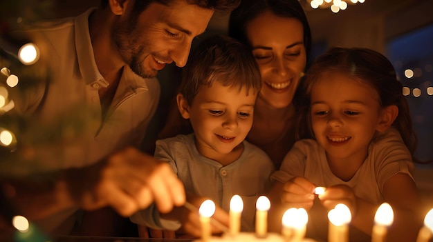 Una familia está reunida alrededor de una mesa encendiendo velas el niño está sosteniendo un fósforo y la chica lo está mirando con interés