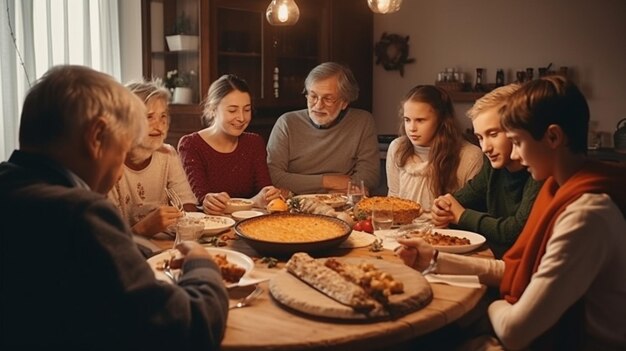 Una familia está sentada alrededor de una mesa y cenando.