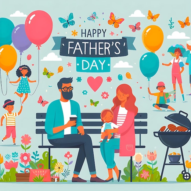 una familia está sentada en un banco con globos y un letrero que dice feliz día del padre