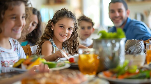 Una familia está sentada en la mesa de la cena hay dos adultos dos niños y un bebé todos están sonriendo y riendo y disfrutando de su comida