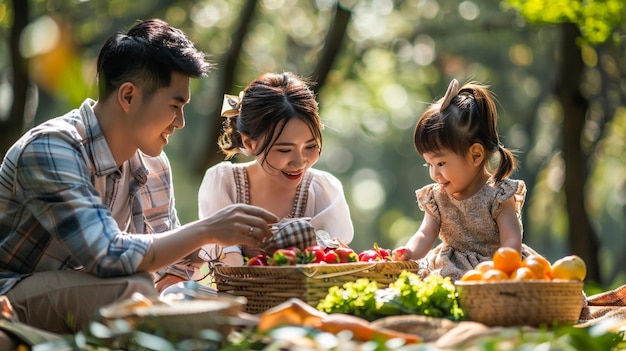 una familia está sentada en una mesa con una cesta de comida y una cesta de verduras