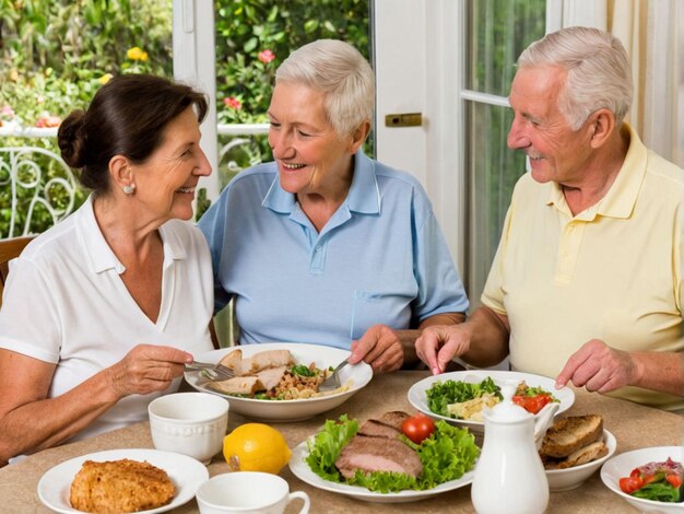 una familia está sentada en una mesa con comida y bebidas