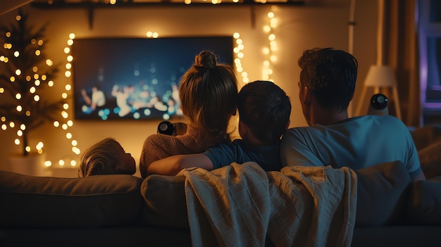 Una familia está sentada en el sofá juntos viendo la televisión Todos llevan ropa casual y están acurrucados juntos