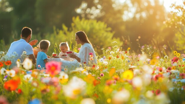 Una familia está teniendo un picnic en un campo de flores AIG41