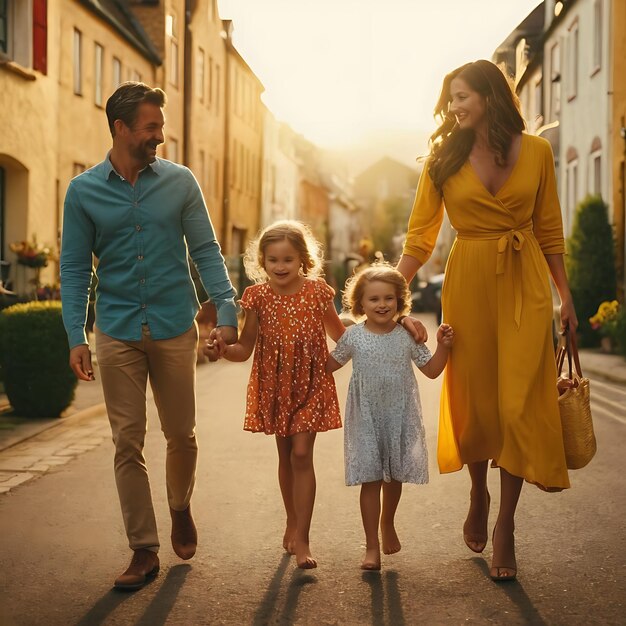 una familia se está tomando de la mano y caminando por una calle