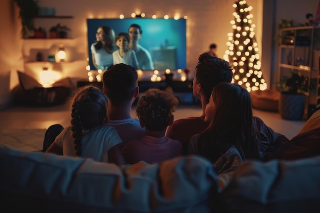 Una familia está viendo una película juntos en un sofá