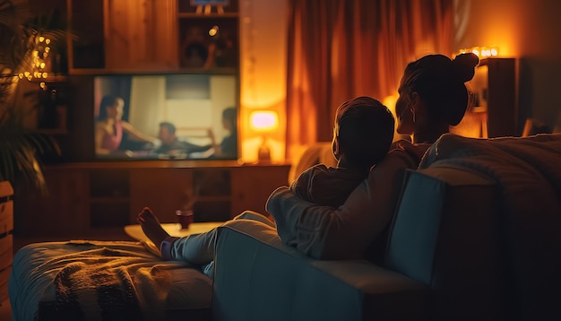 Una familia está viendo una película en una televisión en una sala de estar