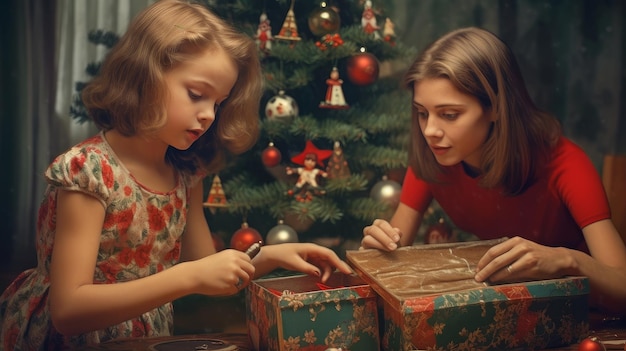 Familia de estilo retro en el árbol de Navidad