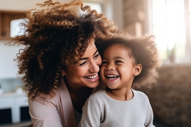 Familia étnica feliz Madre afroamericana cepillando a su hija IA generativa