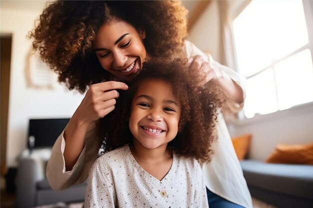 Família étnica feliz mãe afro-americana escovando sua filha Generative AI