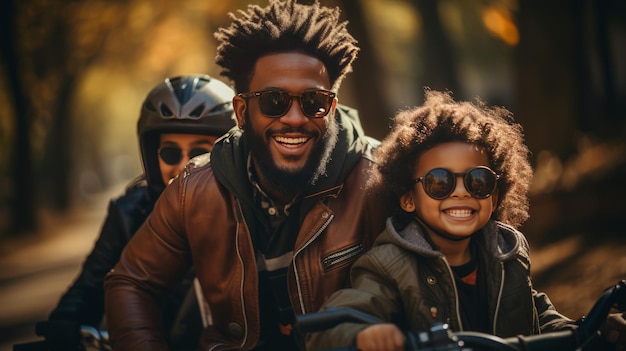 família étnica feliz pai mãe com filho andar de bicicleta no parque