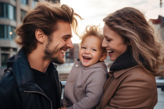 familia con expresión feliz al aire libre en una ciudad generada por ai