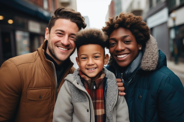 familia con expresión feliz al aire libre en una ciudad generada por ai