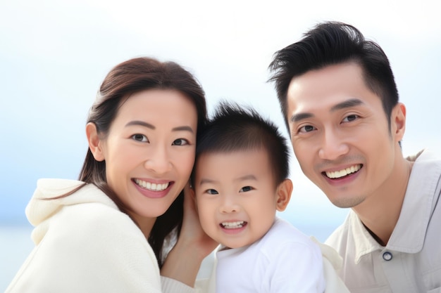 familia con expresión feliz contra el fondo de la pared generado por ai