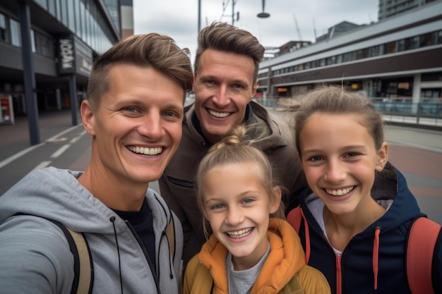 familia expresión feliz y sorprendida trasfondo de la ciudad