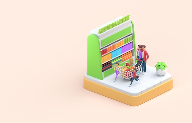 Família fazendo compras no supermercado ilustração 3D