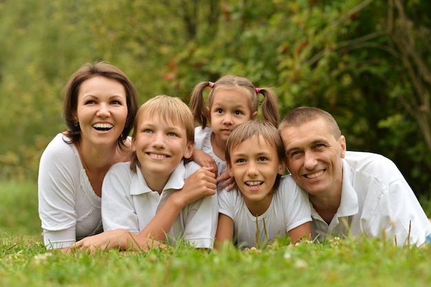 Família fazendo piquenique no parque verde de verão