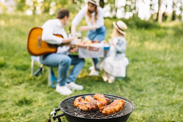 Família fazendo um churrasco na natureza