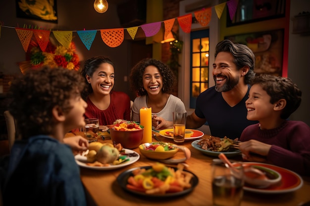 família fazendo uma refeição em uma mesa com um banner que diz "família feliz"