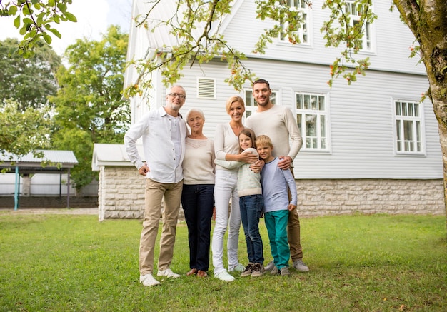 família, felicidade, geração, lar e conceito de pessoas - família feliz em frente à casa ao ar livre