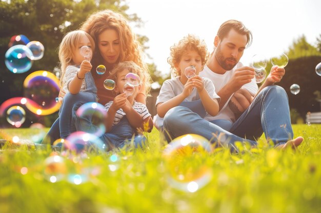 Família feliz a brincar com bolhas no parque.