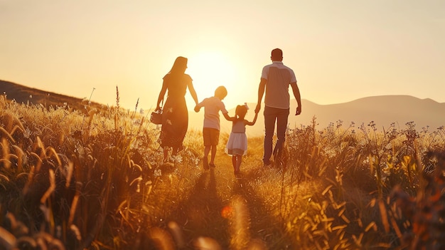 Família feliz a caminhar num campo de grama alta ao pôr-do-sol a família está de mãos dadas