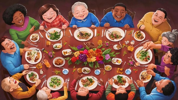 Família feliz a comer boa comida.