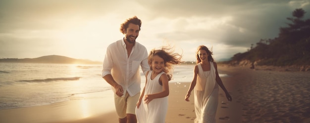 Família feliz a divertir-se na praia Mãe e pai a segurar o filho