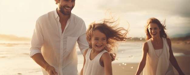 Família feliz a divertir-se na praia Mãe e pai a segurar o filho