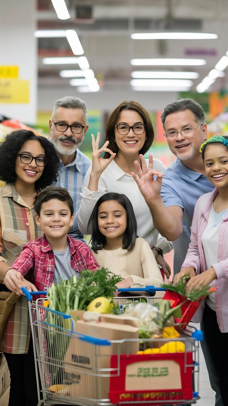Foto família feliz a escolher compras e a mostrar um gesto de "ok"