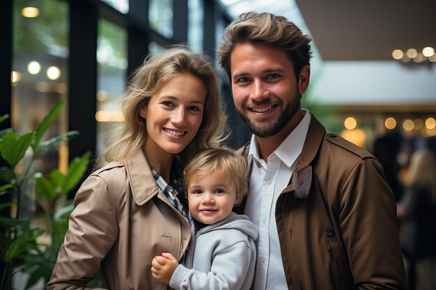 Família feliz a passear no centro comercial