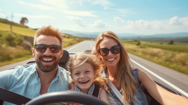 Família feliz a viajar de carro de férias.