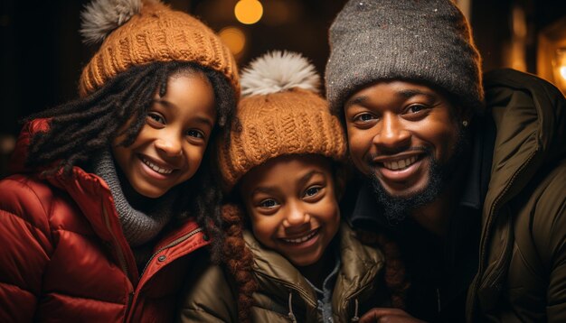 Una familia feliz abraza sonriendo disfrutando de vacaciones de invierno juntos generadas por inteligencia artificial