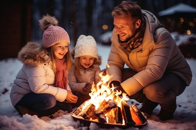 Família feliz acendendo uma fogueira na neve Generative Ai