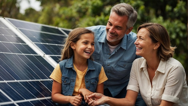 Família feliz admirando seu painel solar recém-instalado em casa