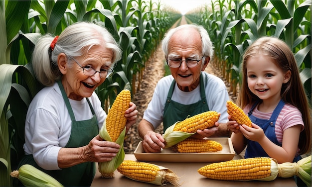 Familia feliz de agricultores mayores y su nieta están sentados a la mesa con maíz y sonriendo f