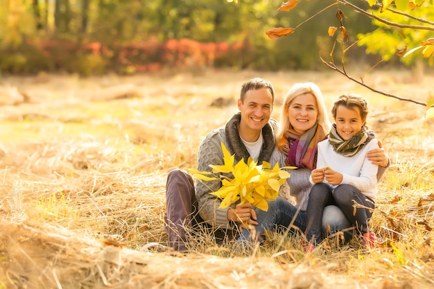 familia feliz, ambulante, por, otoño, parque